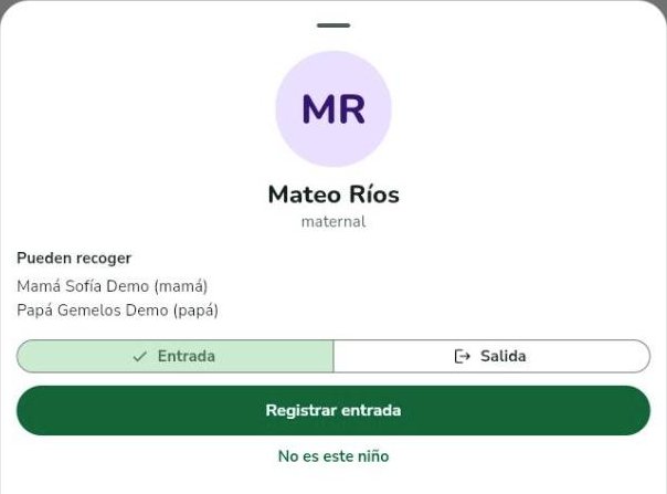 Pantalla de la app con la ficha de Mateo Ríos, quiénes pueden recogerlo y el botón Registrar entrada